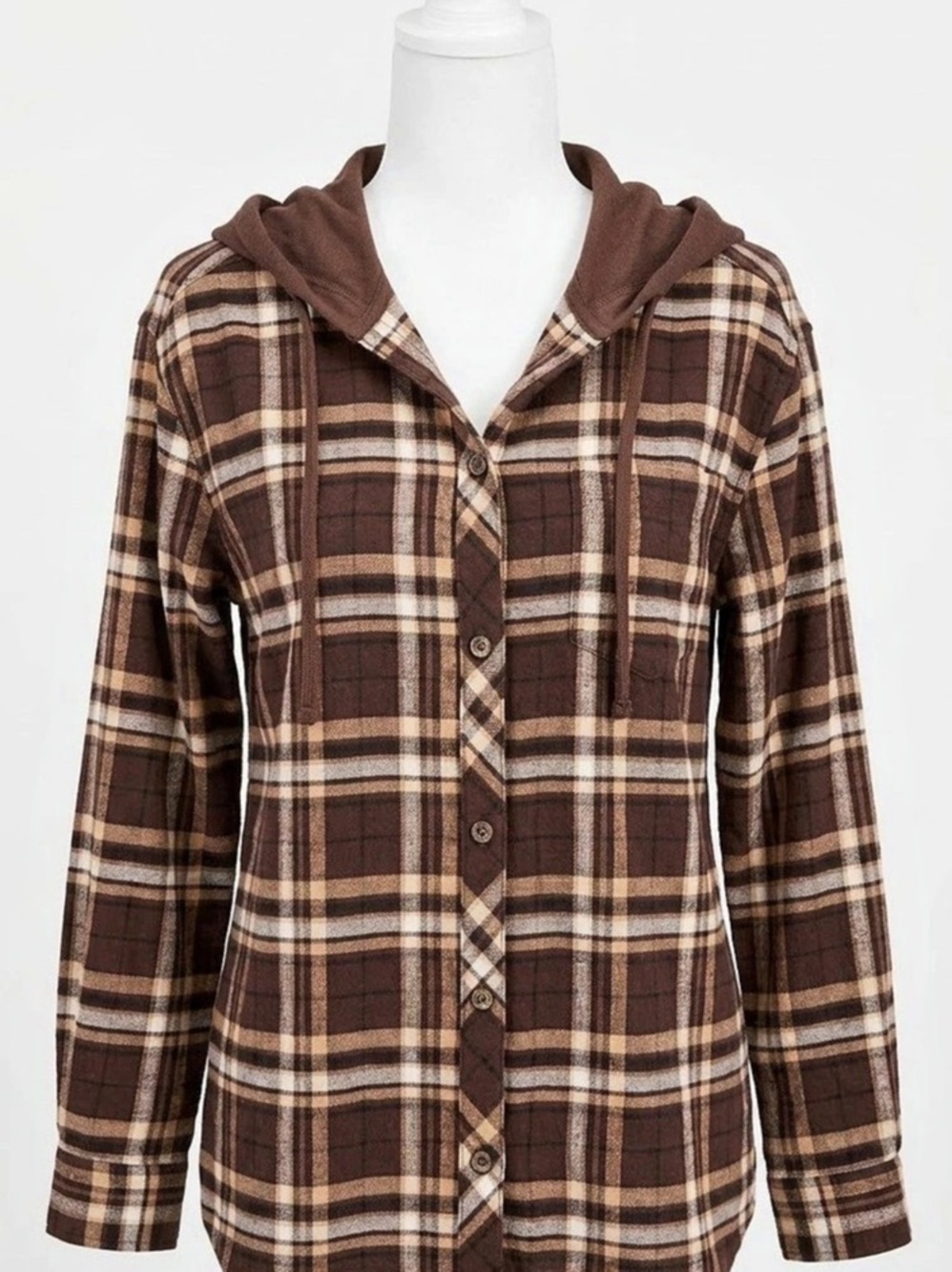 Maurices Cabin Plaid Boyfriend Hooded Button Down Shirt Burgundy & Beige